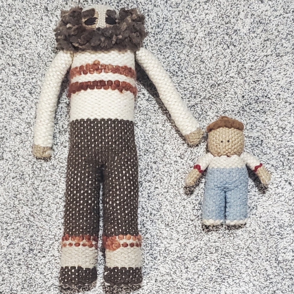 Vintage Particular People Handmade Folk Art Wool Grandpa +Child Dolls, EUC